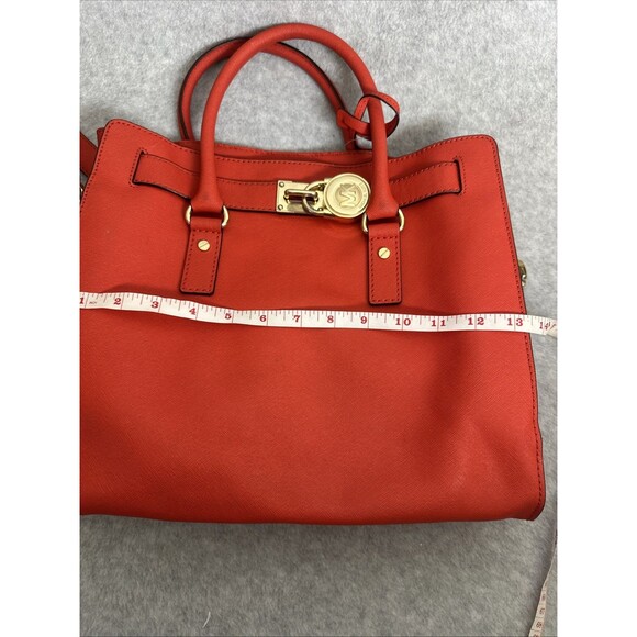 MICHAEL KORS Hamilton Coral Red Saffiano Leather Gold HW E/W Large Satchel Bag - Picture 10 of 13